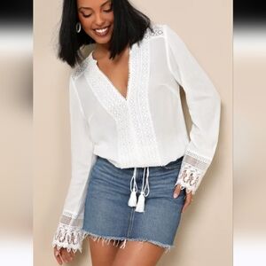 Lulu's Bali Daydream White Lace Long Sleeve Top, Size Medium